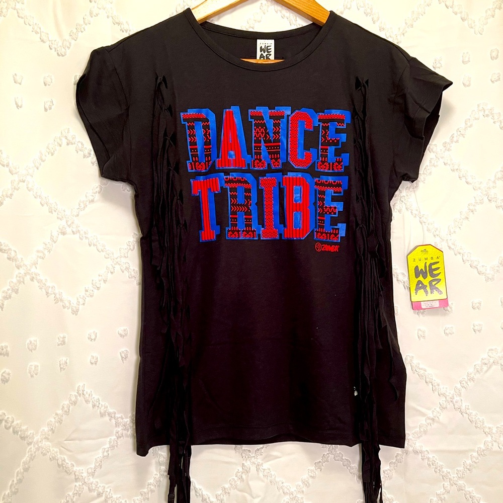 NWT Zumba Dance Tribe shirt with fringe on left and right sides. SIze XS